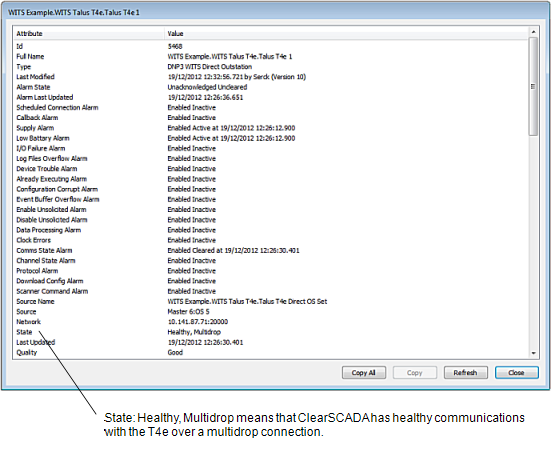 Healthy communications between T4e and ClearSCADA