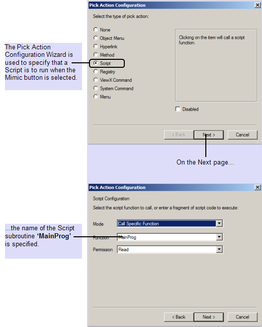 How to set up a Mimic pick action to run a script that allows users to choose which traces are shown on an ad hoc Trend