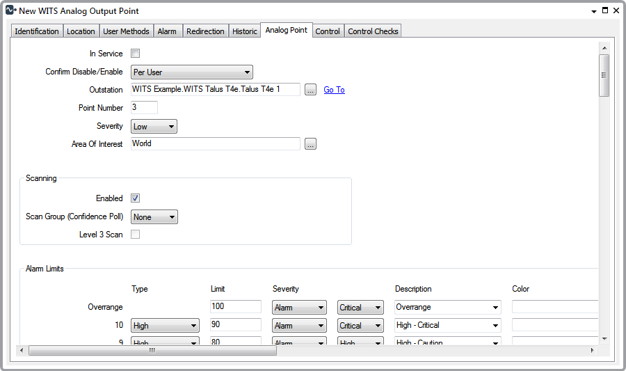 WITS Analog Point Form - Alarm Limits Section