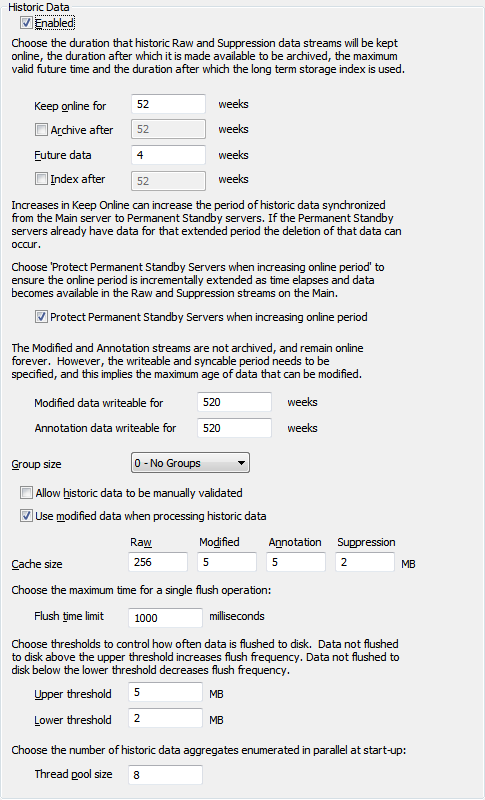 Historic Data Settings (Server Configuration Tool)