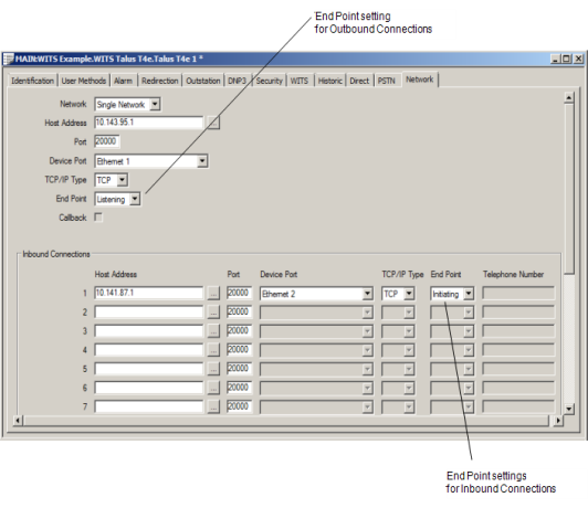 End Point Settings on WITS Outstation Form (Network tab)